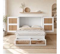 Lit Escamotable 140x200 cm Blanc - Murphy Bed avec Lattenrost Design Rattan et Tiroirs de Rangement