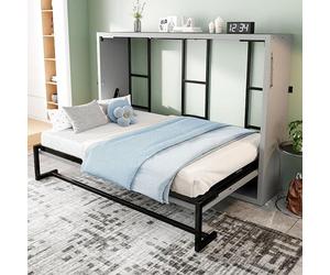 Lit escamotable 140x200 cm, structure en métal et plateau en bois, lit simple rabattable, lit mural gain de place avec sommier à lattes, lit mural escamotable de type "Murphy", armoire-lit, lit rabatt