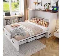Lit Escamotable 140x200cm,Lit Pliant 2 Personnes avec espace de rangement, Port USB et Prise électrique, Design Convertible,Vertical Multifonctionnel Cadre pour Adulte Adolescent Enfant,sans Matelas