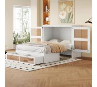 Lit escamotable 140x200cm (rotin bois blanc) : mural rabattable vertical, sommier lattes, tiroirs rangement, jeune/simple