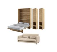 Lit escamotable 160 x 200 cm avec canapé bouclette et rangements - bois - SMART