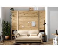 Lit escamotable 160 x 200 cm canapé beige armoires étagères tête de lit beige chevets intégrés ouverture pneumatique - chêne - SMART