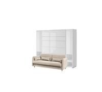 Lit escamotable 160 x 200 cm canapé bleu armoires étagères tête de lit bleue chevets intégrés ouverture pneumatique - blanc brillant / blanc mat - SMART