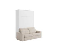 Vente-unique - Lit escamotable 160 x 200 cm - Ouverture Verticale Manuelle - avec LEDs - Blanc + Canapé en Velours côtelé Beige - RAPILI