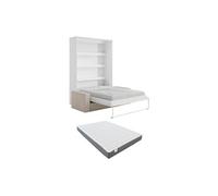 Lit escamotable 160 x 200 cm - Ouverture verticale manuelle - Avec LEDs - Blanc et naturel + Canapé en velours côtelé beige + Matelas - RAPILI