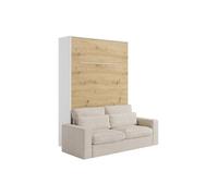 Vente-unique - Lit escamotable 160 x 200 cm - Ouverture Verticale Manuelle - avec LEDs - Blanc et Naturel + Canapé - RAPILI