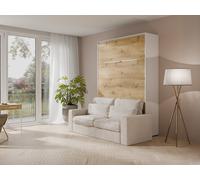 Lit escamotable 160 x 200 cm - Ouverture verticale manuelle - Avec LEDs - Blanc et naturel + Canapé en velours côtelé beige + Matelas - RAPILI