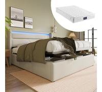 Lit escamotable àhydraulique avec bandeau d'éclairage LED, lit double, sommier, lit rembourré 160 x 200 cm, lit multifonction, blanc (avec matelas)