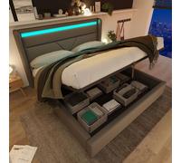 Lit escamotable àhydraulique avec bandeau d'éclairage LED, lit double, sommier, lit rembourré 160 x 200 cm, lit multifonction, gris (avec télécommande)