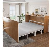 Lit Escamotable Armoire 140x200 cm avec Matelas Lin Inclus, Cadre Métal Rétractable Renforcé, Roulettes Silencieuses, Convertible en Lit Plateforme, Gain de Place pour Studio, Chambre, Appartement