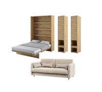 Lit escamotable avec canapé beige velours et rangements - SMART