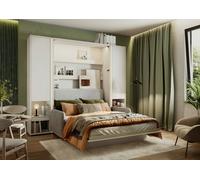 Lit escamotable canapé 140 x 200 cm avec canapé et tête de lit gris - armoires étagères chevets intégrés ouverture pneumatique - blanc mat - SMART