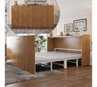 Lit escamotable, lit rabattable, lit Murphy de 140x200 cm avec matelas, lit mural gain de place, lit d'appoint pliable avec cadre métallique et roulettes silencieuses, naturel