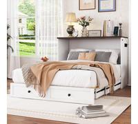 Lit escamotable mobile 140×200cm (blanc, sans matelas) : tiroirs, étagère, USB/prise courant. (Convertible plateforme)