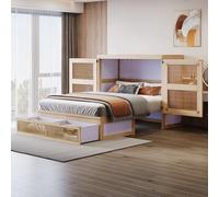 Lit Escamotable Mural en Bois 140x200 cm avec Sommier à Lattes et Tiroirs de Rangement, Design Rotin, Armoire Lit Verticale, Idéal Gain de Place pour Chambre d'Adolescent, Studio et Appartement