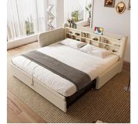 Lit escamotable - PAGE Living - 90x200 extensible 180x200 - Lin beige - Ports USB/Type-C & rangements