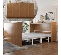 Lit Escamotable Pliant Armoire 140x200 cm avec Matelas Lin Inclus, Cadre Métal Renforcé, Extensible, Roulettes Silencieuses, Idéal Gain de Place pour Studio, Chambre d'Amis, Appartement, Bureau