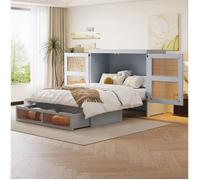 Lit escamotable Schrankbett 140x200 cm Gris - Murphy Bed avec Rattan Design Lattenrost 270° Porte Placard Intégré Gris Moderne