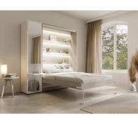 Lit escamotable vertical 140 x 200 cm - 1 colonne de rangement - Avec miroir et LEDs - Beige + Matelas - RAPILI