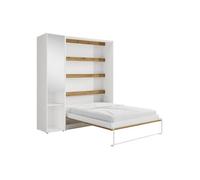 Lit escamotable vertical 140 x 200 cm - 1 colonne de rangement - Avec miroir et LEDs - Blanc et naturel - RAPILI