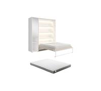 Vente-unique - Lit escamotable Vertical 160 x 200 cm - 1 Colonne de Rangement - avec Miroir et LEDs - Beige + Matelas - RAPILI
