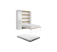 Lit escamotable vertical 160 x 200 cm - 1 colonne de rangement - Avec miroir et LEDs - Blanc et naturel + Matelas - RAPILI