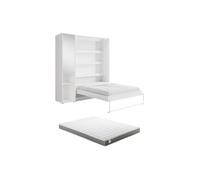 Vente-unique - Lit escamotable Vertical 160 x 200 cm - 1 Colonne de Rangement - avec Miroir et LEDs - Blanc + Matelas - RAPILI