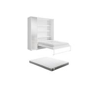 Lit escamotable vertical 160 x 200 cm - 1 colonne de rangement - Avec miroir et LEDs - Blanc + Matelas - RAPILI