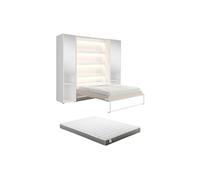 Lit escamotable vertical 160 x 200 cm - 2 colonnes de rangement - Avec miroirs et LEDs - Beige + Matelas - RAPILI