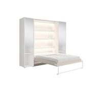 Vente-unique - Lit escamotable Vertical 160 x 200 cm - 2 colonnes de Rangement - avec miroirs et LEDs - Beige - RAPILI