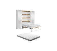 Lit escamotable vertical 160 x 200 cm - 2 colonnes de rangement - Avec miroirs et LEDs - Blanc et naturel + Matelas - RAPILI