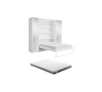 Vente-unique - Lit escamotable Vertical 160 x 200 cm - 2 colonnes de Rangement - avec miroirs et LEDs - Blanc + Matelas - RAPILI