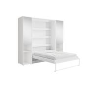 Lit escamotable vertical 160 x 200 cm - 2 colonnes de rangement - Avec miroirs et LEDs - Blanc - RAPILI