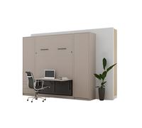 Lit escamotable vertical avec bureau 140 x 200 cm avec 2 armoires et 1 table de chevet ouverture pneumatique - taupe mat - LOLITA