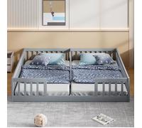 Lit évolutif 2x90x200cm - lit enfant avec grille, sans sommier à lattes et matelas - bois de pin, gris