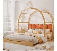 Lit évolutif enfant à baldaquin cintré 140 x 200 cm en pin et MDF, naturel et orange, sans matelas