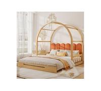 Lit extensible avec toit arqué, lit gigogne, lit double, oreiller en velours, cadre en bois de pin, naturel et orange (140x100cm&140x200cm)