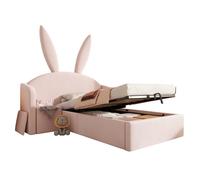 Lit fille 90x190 cm rose capitonné en velours avec rangement et table de nuit, design lapin, sans matelas