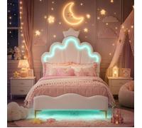 Lit Fille 90x200 CM avec Sommier - Éclairage LED RGB - Lit Enfant Princesse avec Tête de Lit Couronne Réglable - Similicuir - Blanc