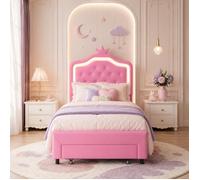 Lit Fille 90x200, Lit 1 Place Enfant avec Sommier à Lattes, Lit princesse 90x200cm, Tête de lit & LED réglables, PU, Rose