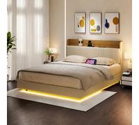 Lit flottant 140x190 cm blancPolyuréthane+ bois clair, rangement tiroir, éclairage LED sous lit, double port USB, poche latérale