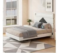 Lit flottant 140x190 cm - COZY - Velours Blanc Cassé - LED RGB - Charge USB - Design Moderne