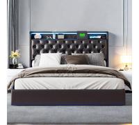 Lit flottant 140x200cm enPolyuréthaneavec LED tête & corps, rangement tête de lit rembourrée & prise EU – Design moderne et pratique