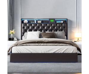 Lit flottant 140x200cm enPolyuréthaneavec LED tête & corps, rangement tête de lit rembourrée & prise EU – Design moderne et pratique