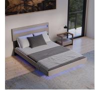 Juskys Lit Flottant Lissabon 140x200 cm avec LED, sommier à Lattes & Dossier - Lit rembourré en Lin & Bois - Beige