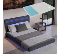 Lit flottant rembourré gris foncé - Juskys - 140x200 cm - Avec matelas - Avec sommier - Avec dossier réglable