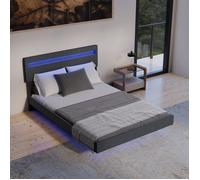 Lit flottant rembourré - JUSKYS - Lissabon - 140 x 200 cm - Gris foncé - LED intégrée - Sommier à lattes inclus