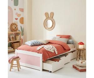 Lit fonctionnel MIA avec rangements 3 tiroirs 90 x 200 cm, lit simple 1 place, lit enfant en pin massif lasuré blanc et rose