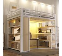 Lit fonctionnel MODFU pour adolescents 140 x 200 cm avec bureau et compartiments de rangement ouverts, cadre de lit avec bande lumineuse LED, lit mezzanine avec barrière de sécurité, sans matelas, bla