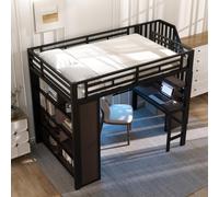 Lit fonctionnel MODFU pour adolescents 140 x 200 cm avec bureau et compartiments de rangement ouverts, cadre de lit avec bande lumineuse LED, lit mezzanine avec barrière de sécurité, sans matelas, noi